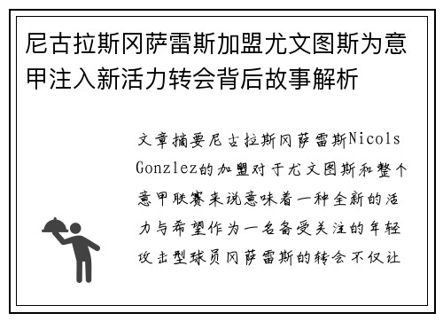 尼古拉斯冈萨雷斯加盟尤文图斯为意甲注入新活力转会背后故事解析 尼古拉斯冈萨雷斯加盟尤文图斯为意甲注入新活力转会背后故事解析